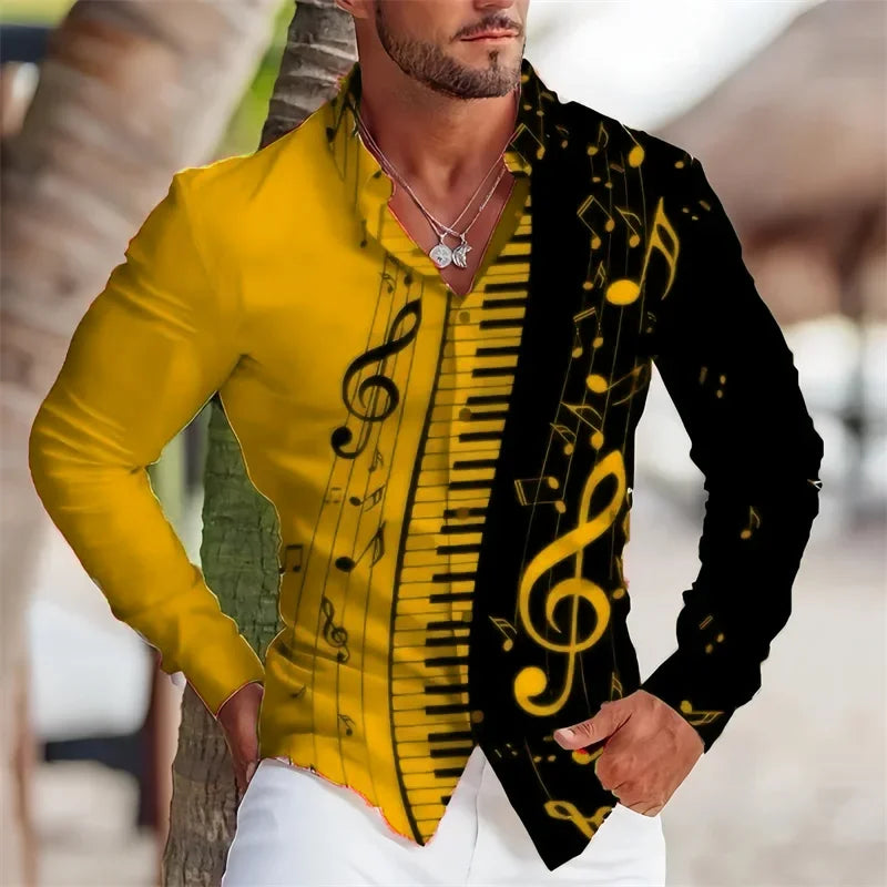 Summer Men's Long Sleeves Shirt with Musical Instrument Symbol Pattern Printed.