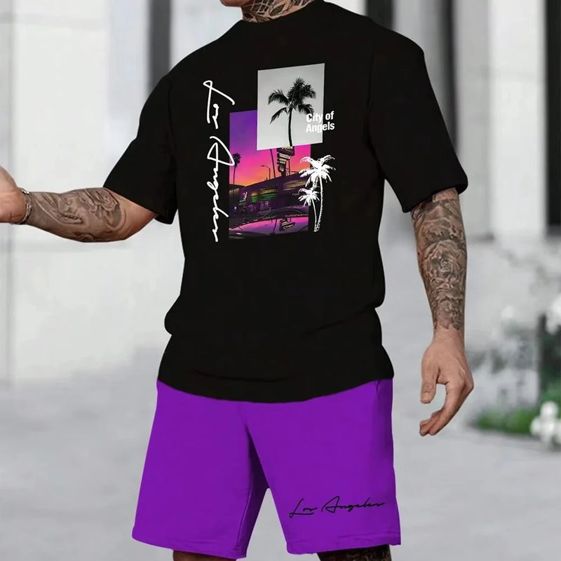 Men's Suit Hawaiian Gradient Coconut Print Suit Summer Beach T-Shirt and Pants 2 Piece.