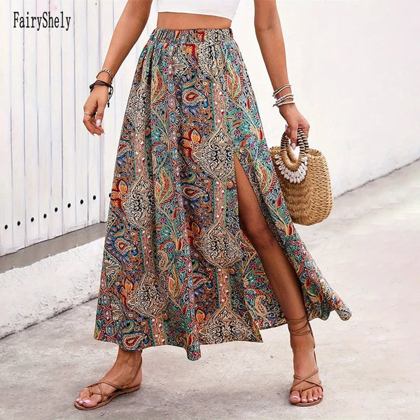 Vintage Bohemian Ethnic Print Long Skirt Women Summer Casual High Waist.