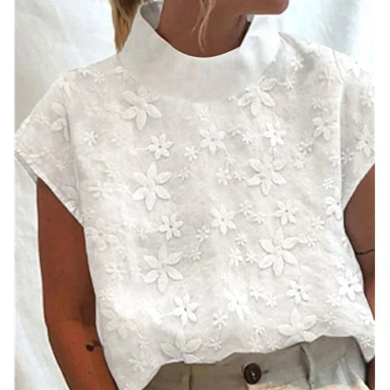 White Cotton Linen Summer Women Blouse Shirt Elegant.