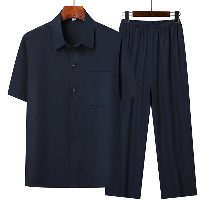 (Top + Pants) Summer Leisure All Match Middle-aged and Old Dad Men Fashion.