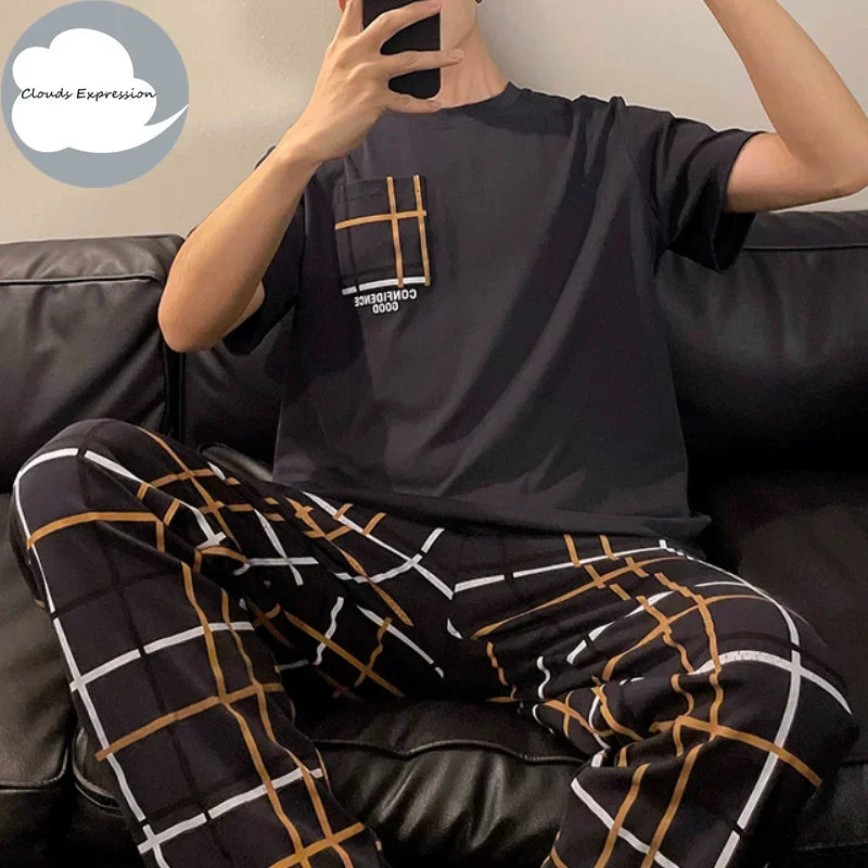 Summer Knitted Plaid Cool Mens Pyjamas Pajamas Casual Pjs Lounge Sets.