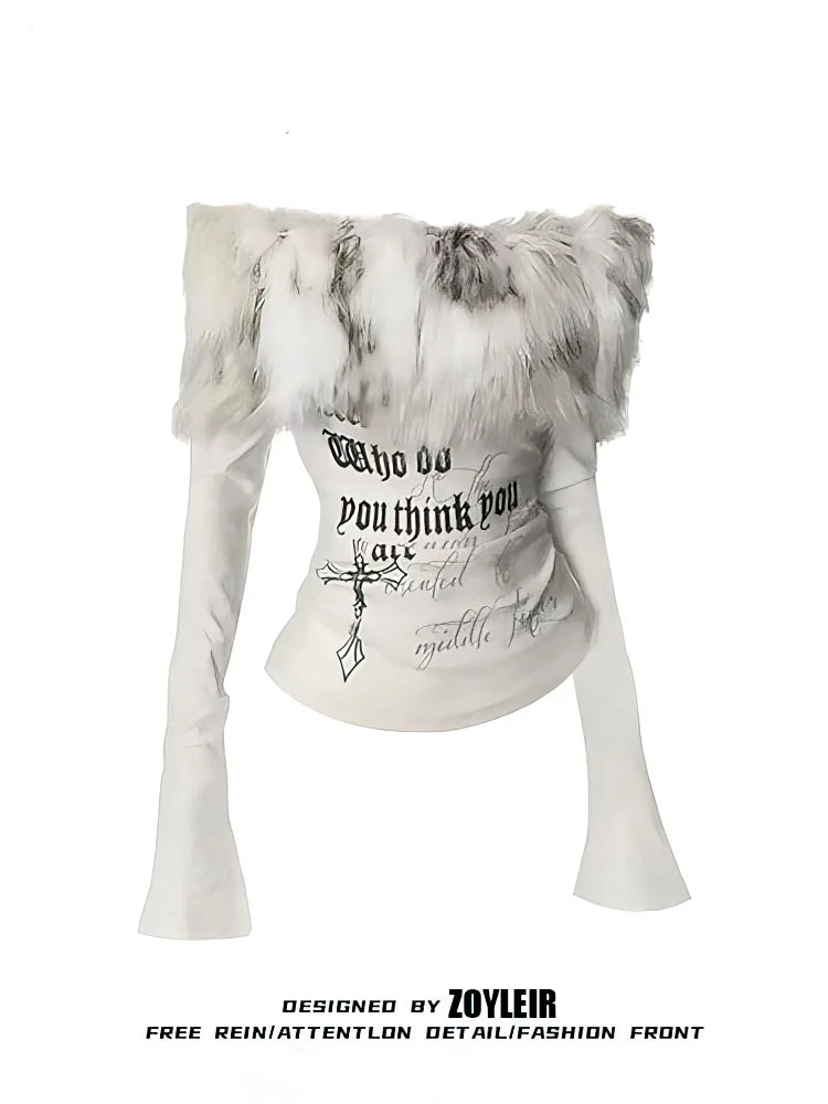 Luxury Fur Graphic Long sleeve T shirt Women Autumn Winter.