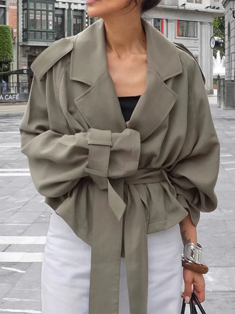 Casual Solid Lace Up Short Trench Coat Women Chic Long Sleeve.