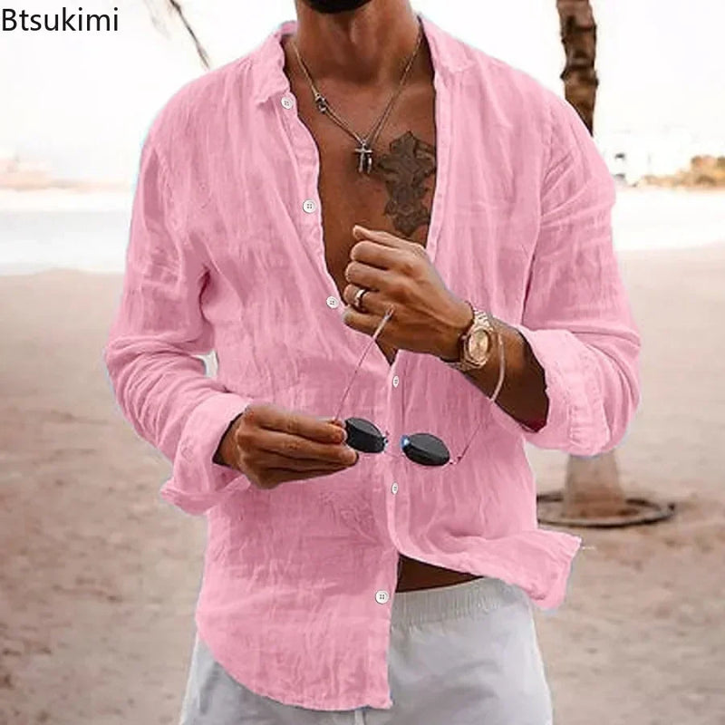 Men's Cotton Linen Shirts Top Simple Laple Solid  Man Shirts Tops Comfortable.