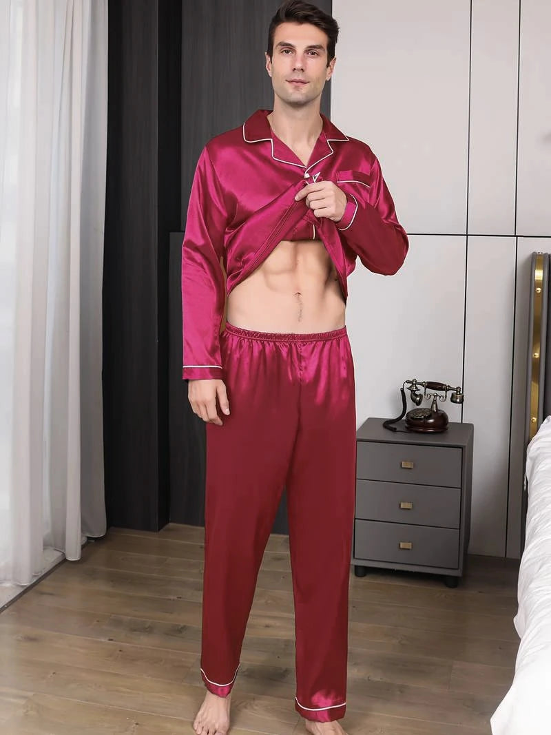 Men's Satin Pajama Set For Men Long Sleeve Button-down Top.