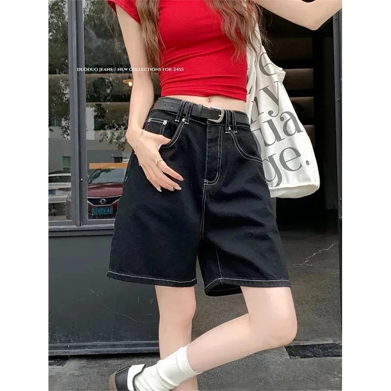 High-Waisted Straight-Leg Jeans Shorts for Women Summer.