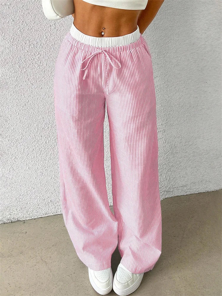 Women's Casual Striped Woven Wide Leg Pants Fall Winter.