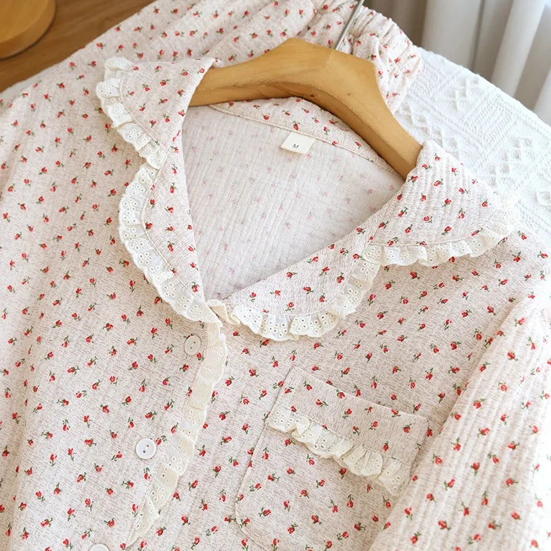 Cotton Gauze Women Pajamas Sleepwear Female 2 Piece Set.