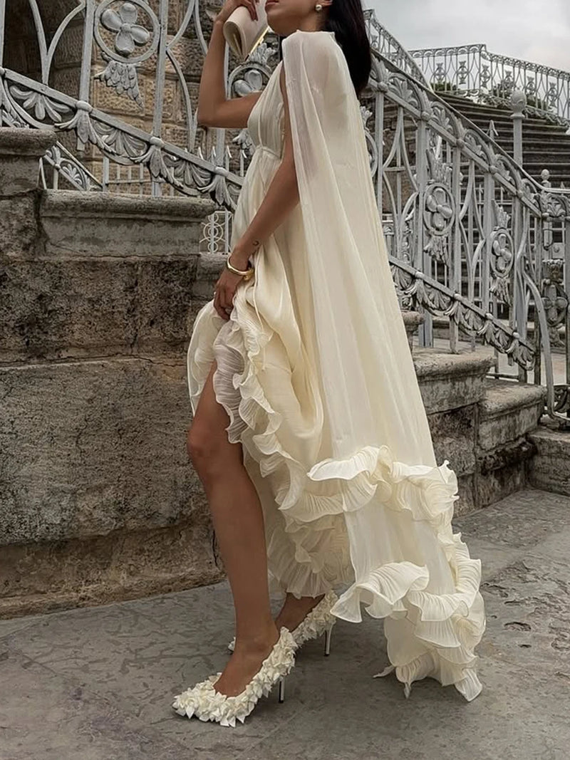 VGH Solid Spliced Ruffles Cape Long Dresses for Women.
