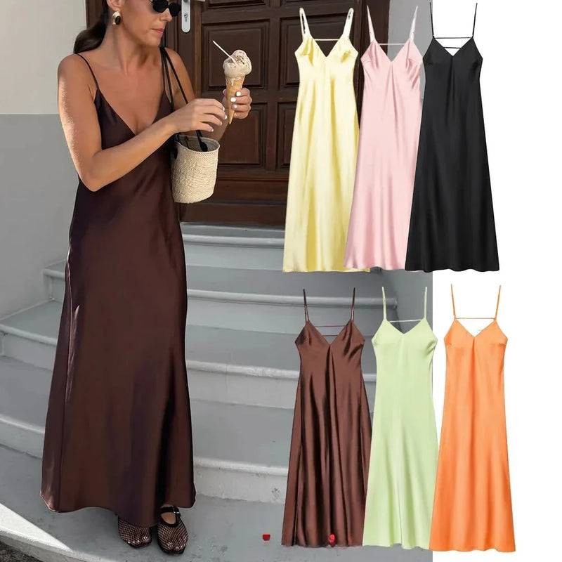 Sexy Chic Satin Women Party Dress V Neck Backless Long Eevning Club Dress.