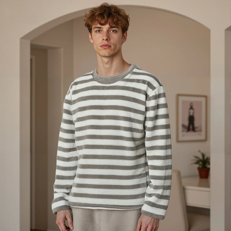 Men's Thermal Pajama Sets Winter Cartoon Classic Striped Home Wear.