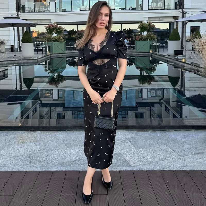 Sexy Hollow Lace Dress Women's Fashion Short Sleeve Elegant.