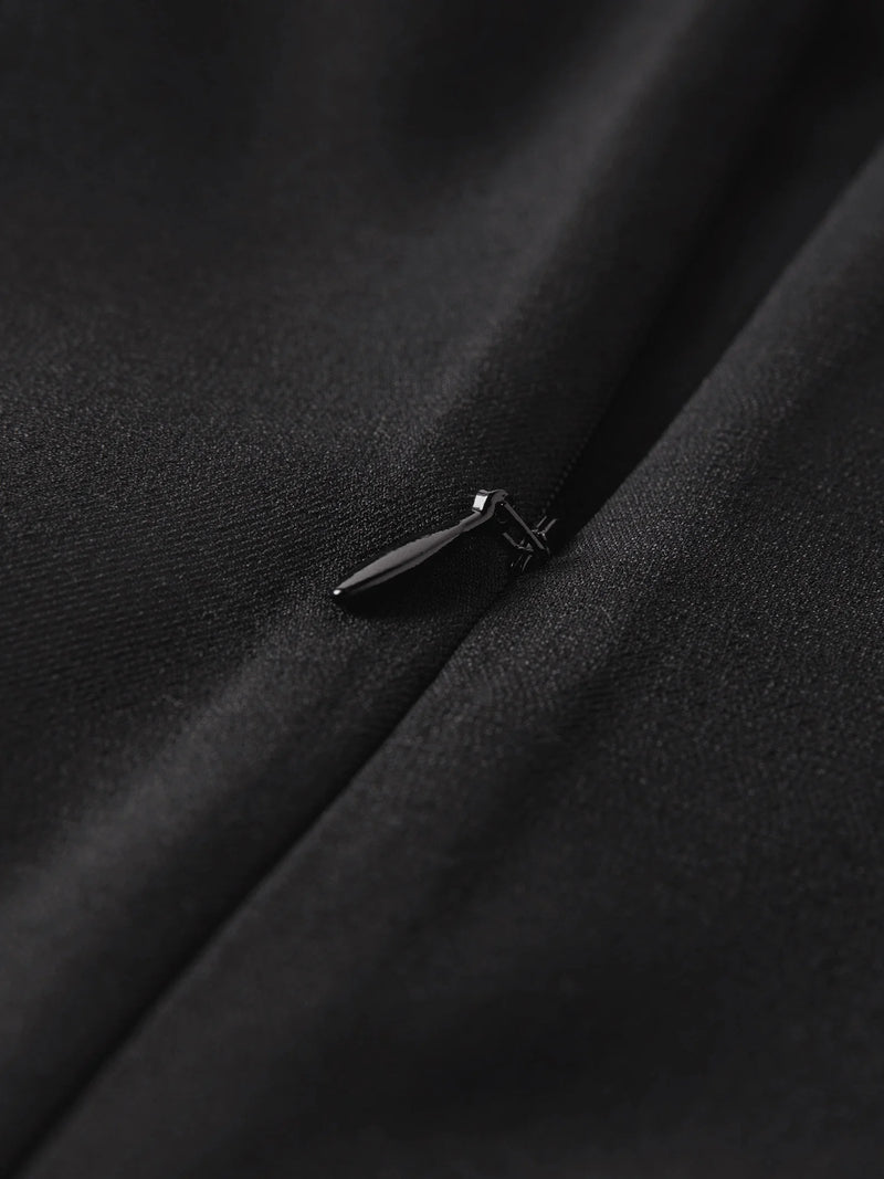 Women's Black Midi Dress, Crew Neck Short Sleeve Waist-Cinching.