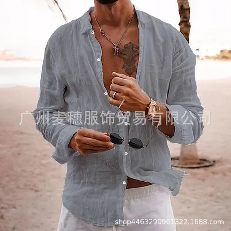 Men's Cotton Linen Shirts Top Simple Laple Solid  Man Shirts Tops Comfortable.