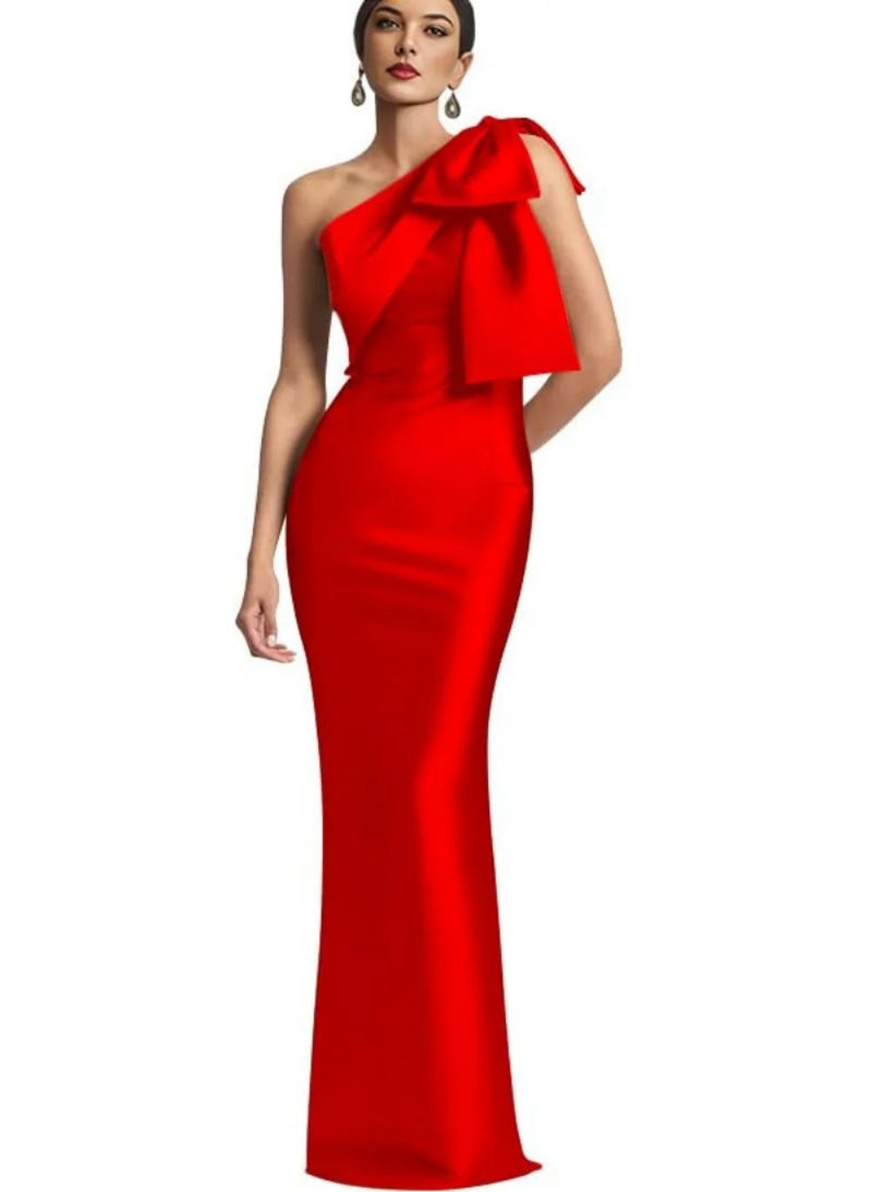 Evening Dress Women Elegant Tight Sexy Satin Single Shoulder.