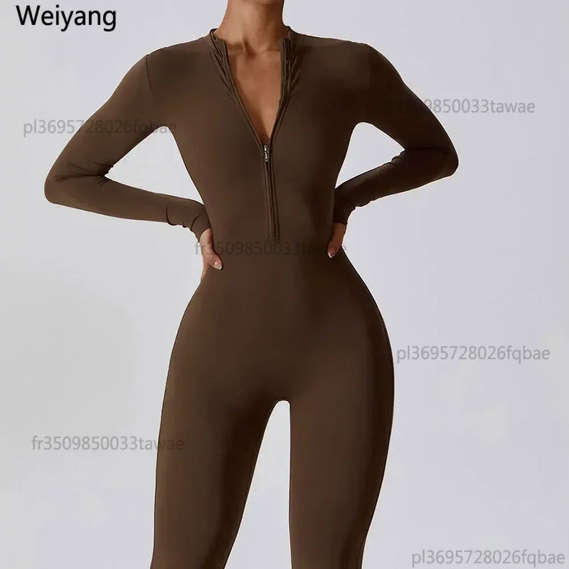 Yoga Boilersuit Long Sleeved Women's Sportswear Gym Zipper Jumpsuits.