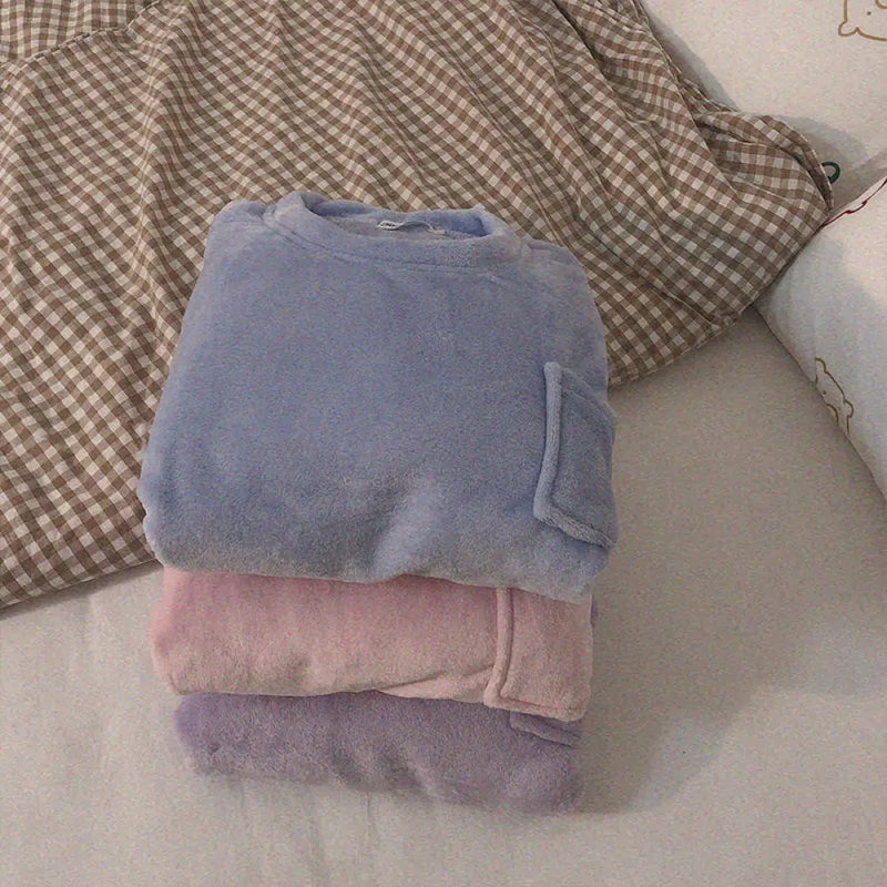 Fleece Thick Warm Women's Pajamas Set Winter Sleepwear Casual Solid.