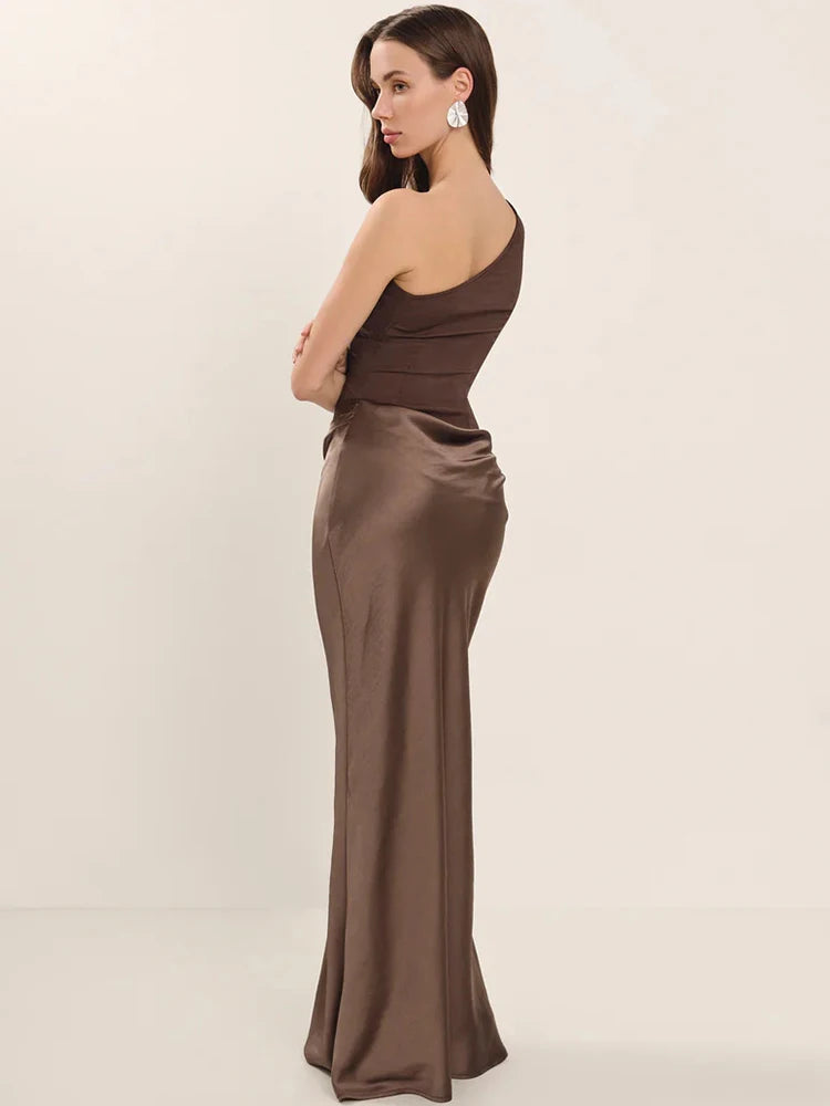 Women’s Mozision Satin Inclined Shoulder Sexy Maxi Dress.