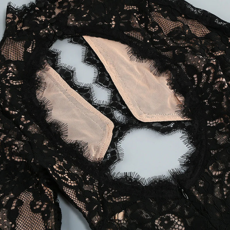 Women’s VC Black Lace Cut Out Long Dress Backless High Split.