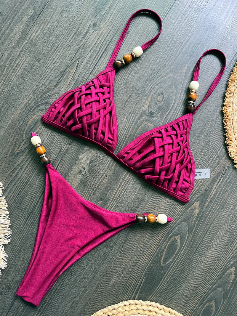 Sexy Brown Bikini Set Women Pearls Strap Hole Out Push Up Bra Thong.