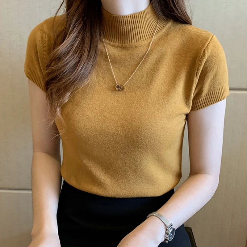 Half-High Neck T-Shirt Women's Fashion Jumper Casual Tops.
