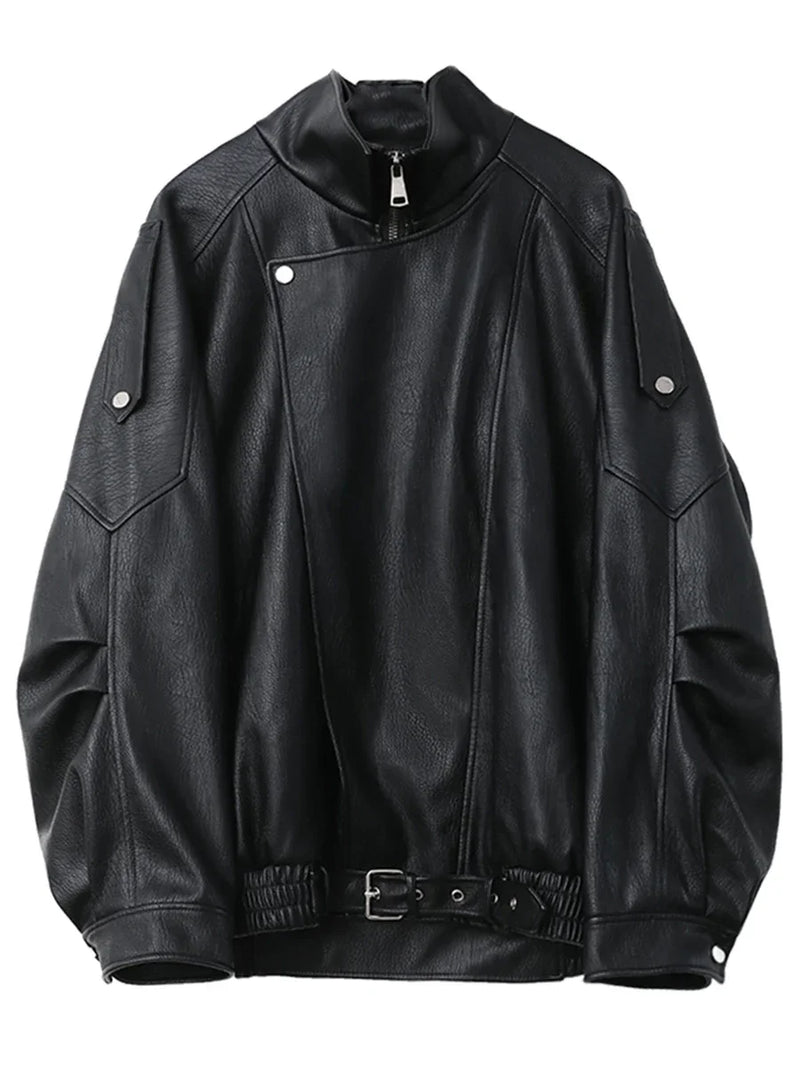 CHIC VEN Woman PU Jacket Solid Loose New Retro Standing Collar Motorcycle.