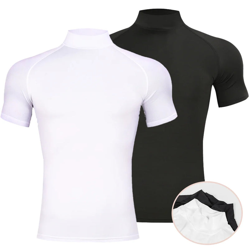 Mens Bodybuilding Sports Tight T-shirt Summer Compression Turtleneck.