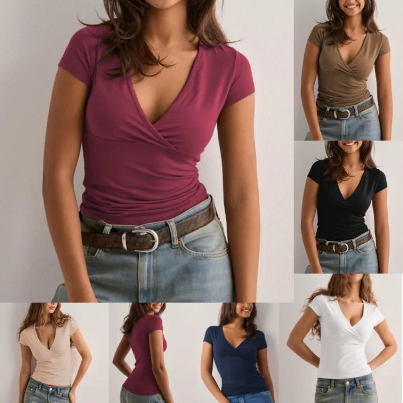 Women's T-Shirt Solid-Color Slim-Fit V-Neck Short-Sleeve Top Y2k .