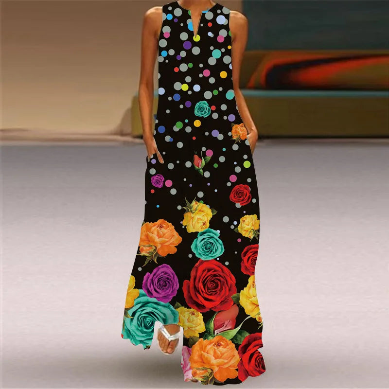 3D Floral Printed Dress Summer Vintage V-neck Sleeveless Loose Maxi Dress Elegant.