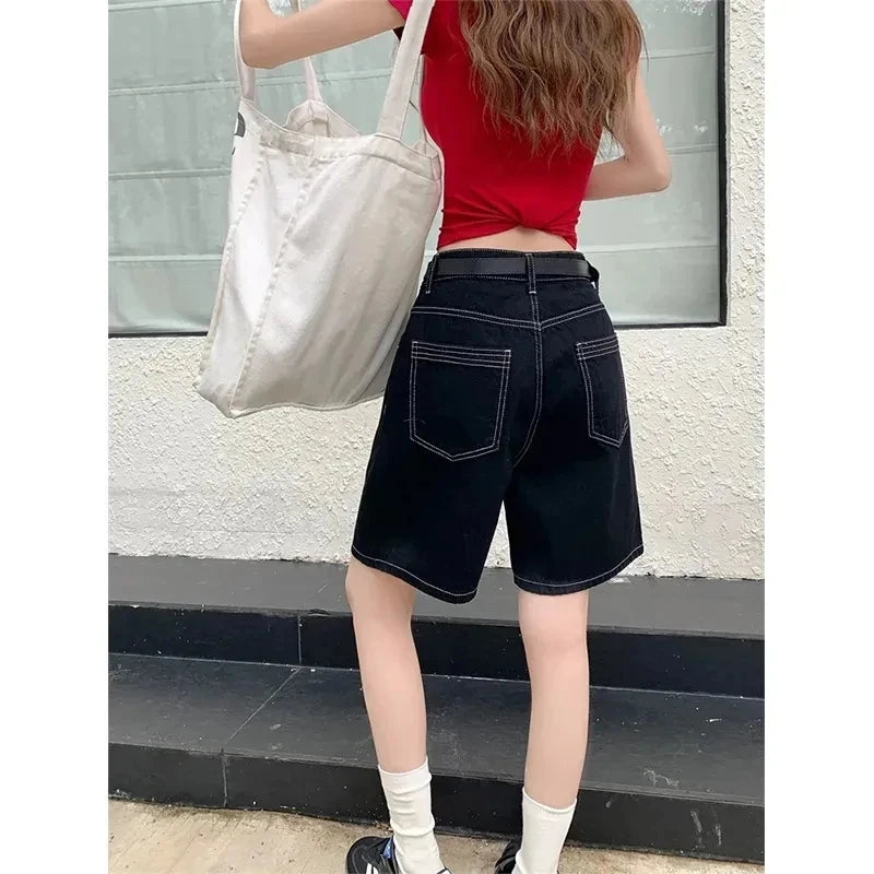 High-Waisted Straight-Leg Jeans Shorts for Women Summer.