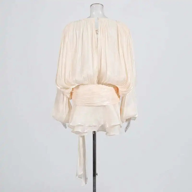 TWOTWINSTYLE Solid Blouse Mini Dresses For Women V Neck Long Sleeve.