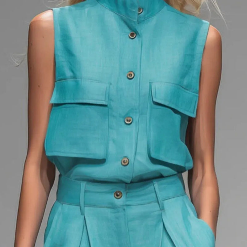 Fashion Stand-up Collar Single-breasted Pocket Vest Women Trousers Suit Spring Summer.