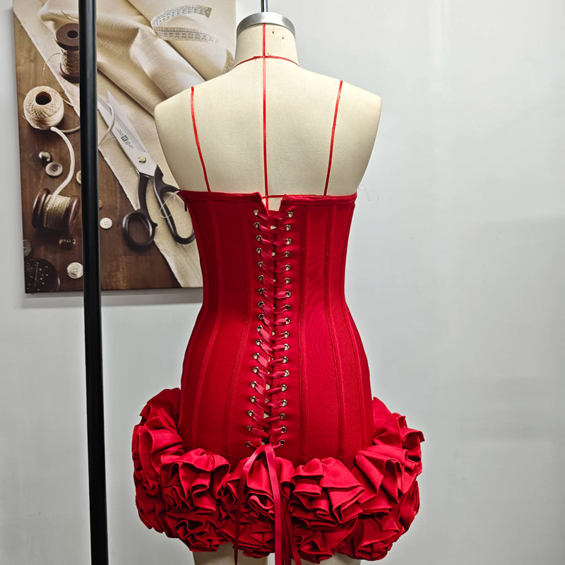 VC Christmas Dress Strapless Backless Red Structured Floral Embellished Mini Length.