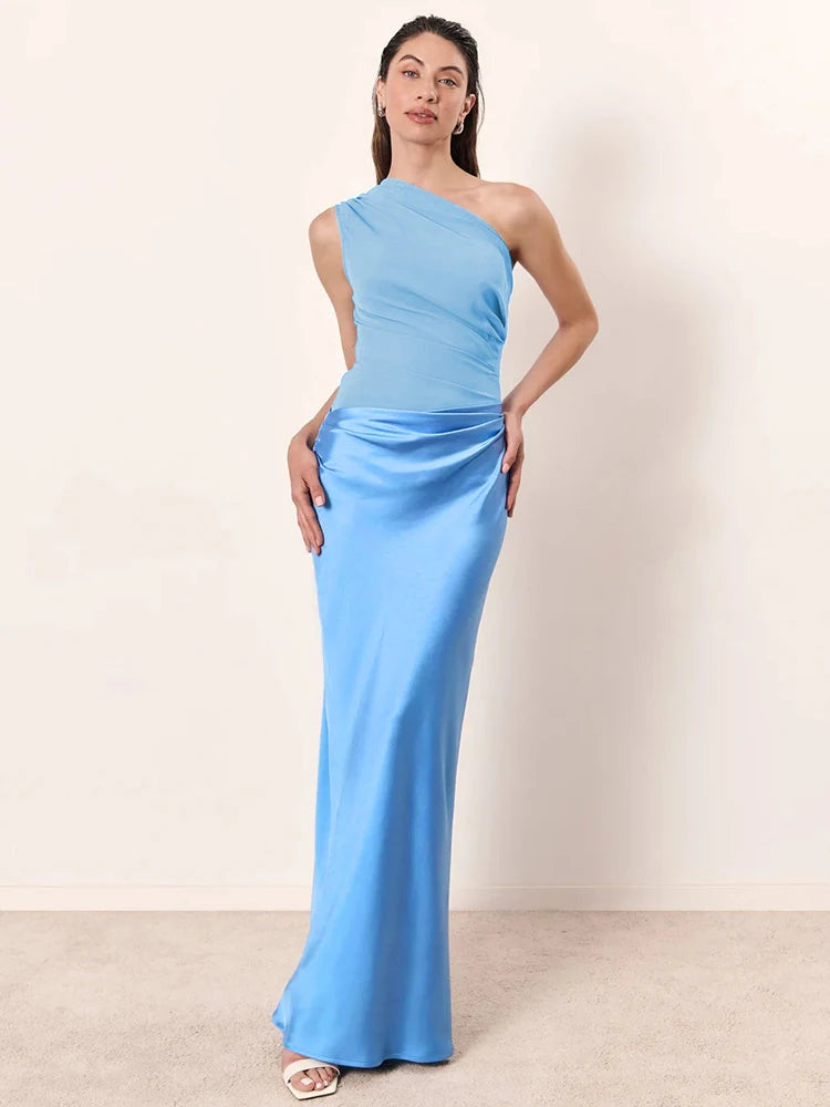 Women’s Mozision Satin Inclined Shoulder Sexy Maxi Dress.