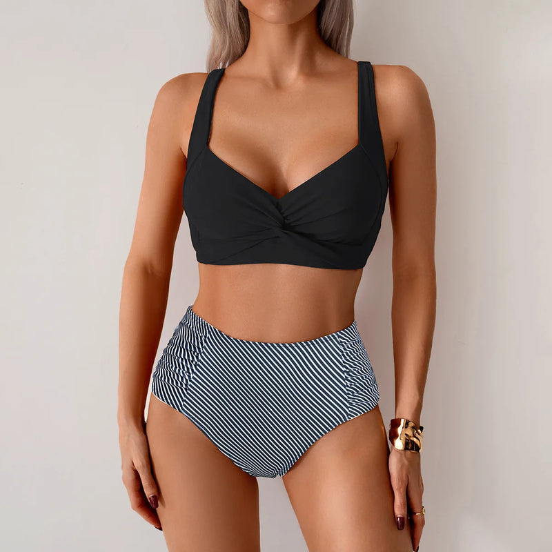 VigoBreviya Sexy Blue Strapped Swimwear Women High Waist Bikini Set.