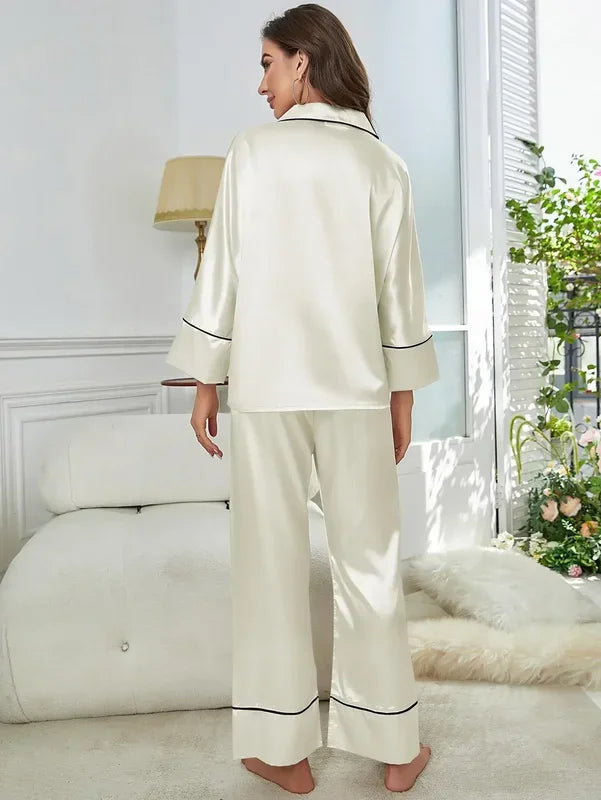 Women's Pajama Set Sleepwear Suit Loungewear Pj Set Satin Long Sleeve Tops.