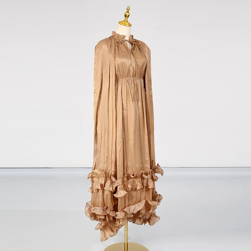 VGH Solid Spliced Ruffles Cape Long Dresses for Women.