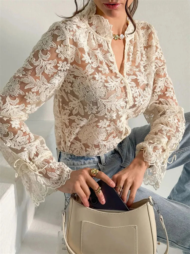 Tossy Sexy Lace Hollow Out Shirts Women Printed Casual See-Through.