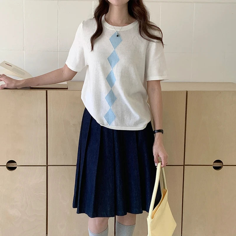 Summer Women's Cotton Casual T-Shirt Knitted Pullover Short Sleeve.