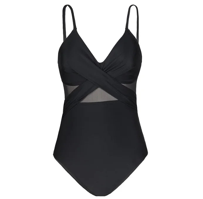 Contrast Mesh One Piece Swimsuit, V Neck Solid Color Backless Tummy.