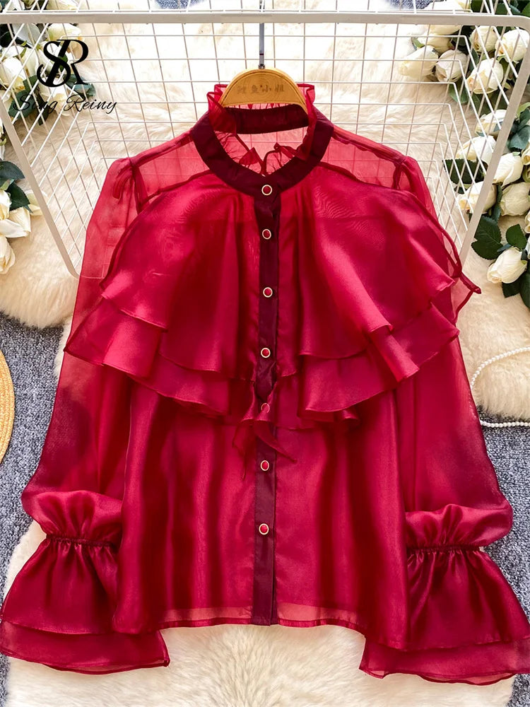 SINGREINY Feminine Ruffles Chiffon Blouse Puff Sleeve French Style Office.