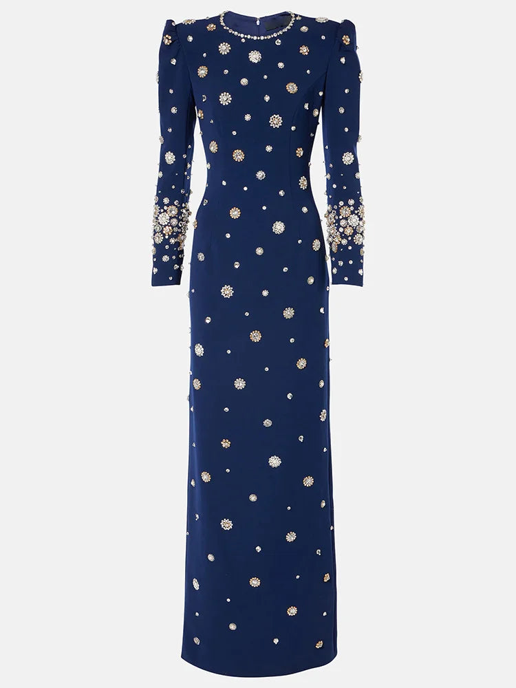 Women's Formal Long Sleeve Luxurious Beaded Long Maxi Dress.