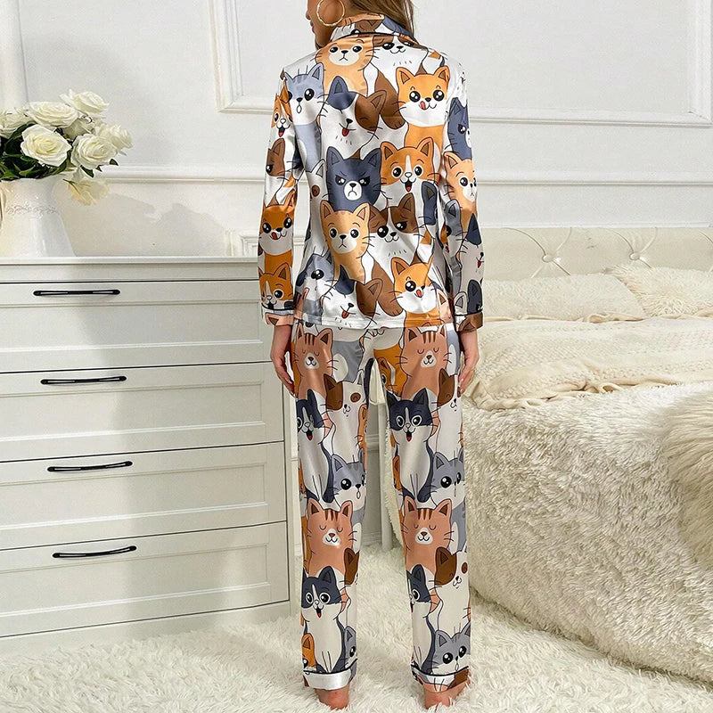 Cute Cat Print Pajama for Women Satin Long Sleeve Lapel Collar Tops & Pants Pyjama.
