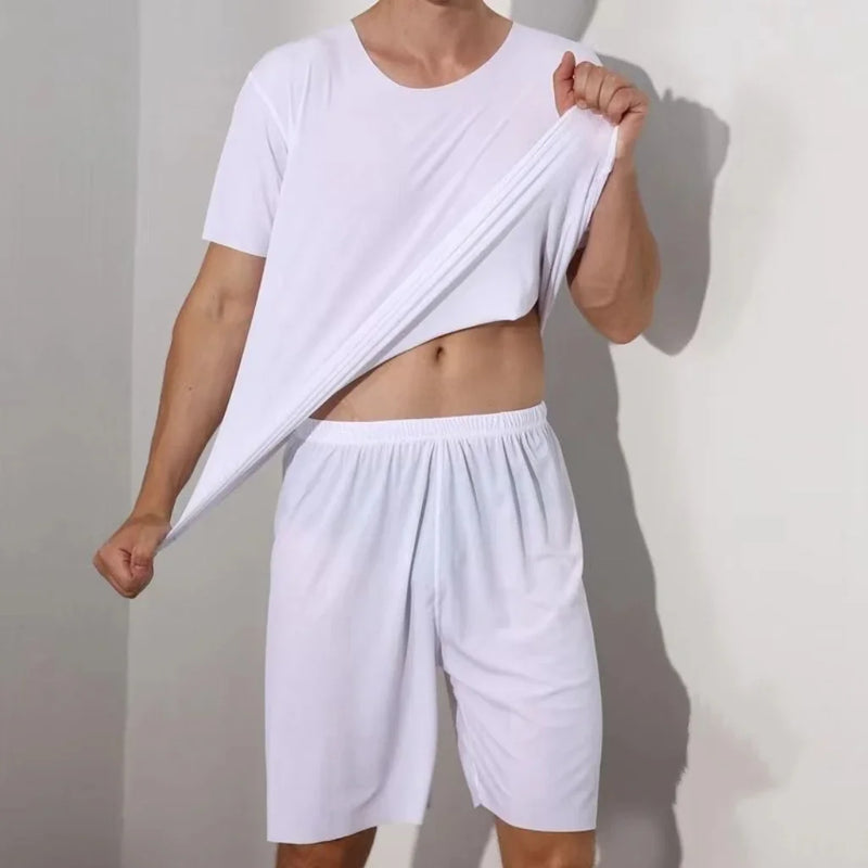 Men's two-piece ice silk pajamas Loungewear.