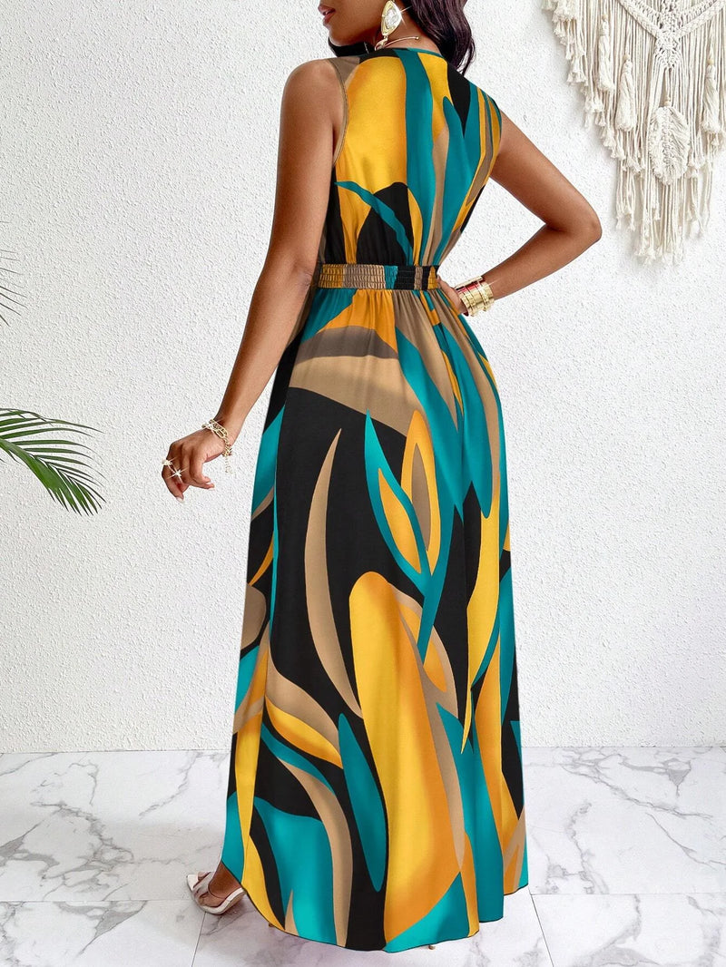 Women’s Tropical Print V-Neck Waist Section Cable Knit Fit And Flare Dress.