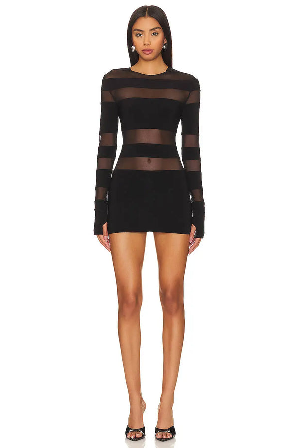 Women's Patchwork Sheer Mesh Stripe Mini Dress.