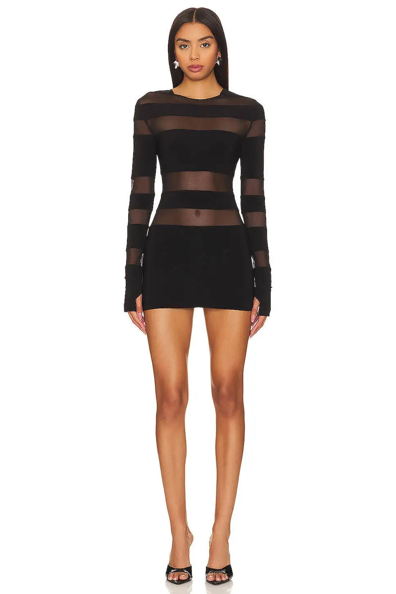 Women's Patchwork Sheer Mesh Stripe Mini Dress.