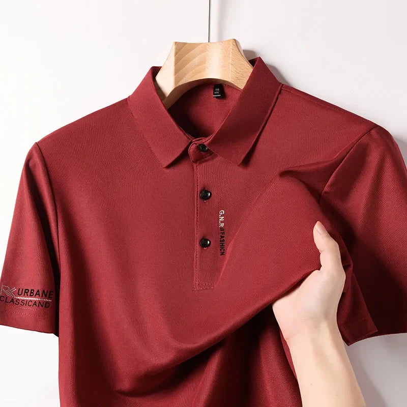 Men's Business Casual Short Sleeved Shirt with Badge Solid Color Polo Shirt.