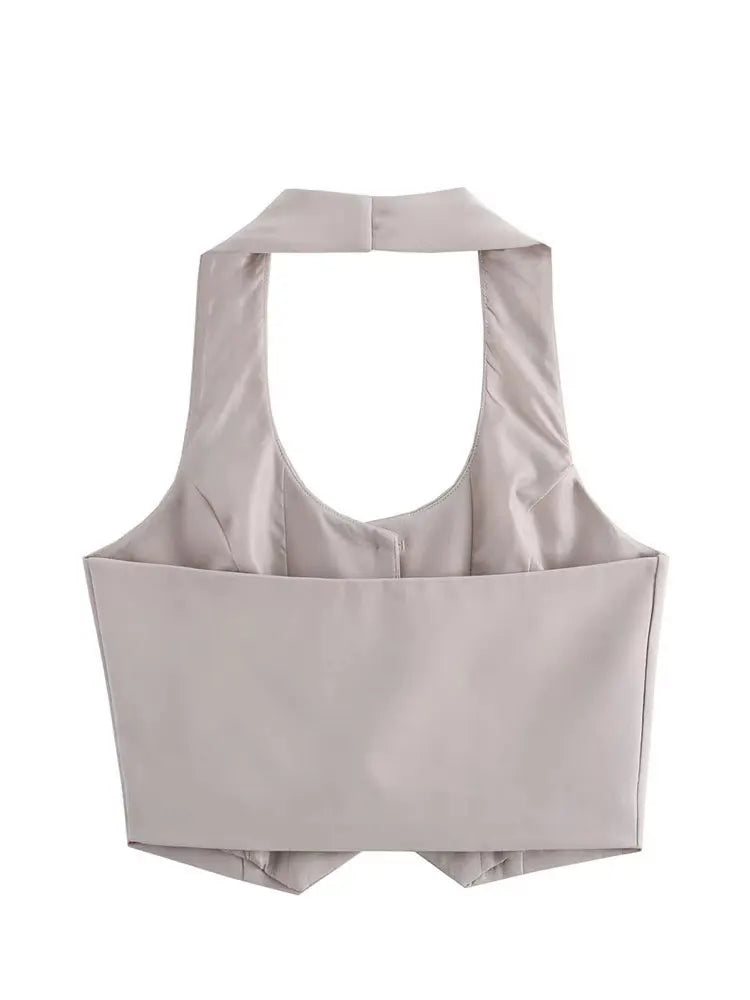 Women Fashion Solid Vest Pant Suit Single Breasted Halter Cropped Vests Top.